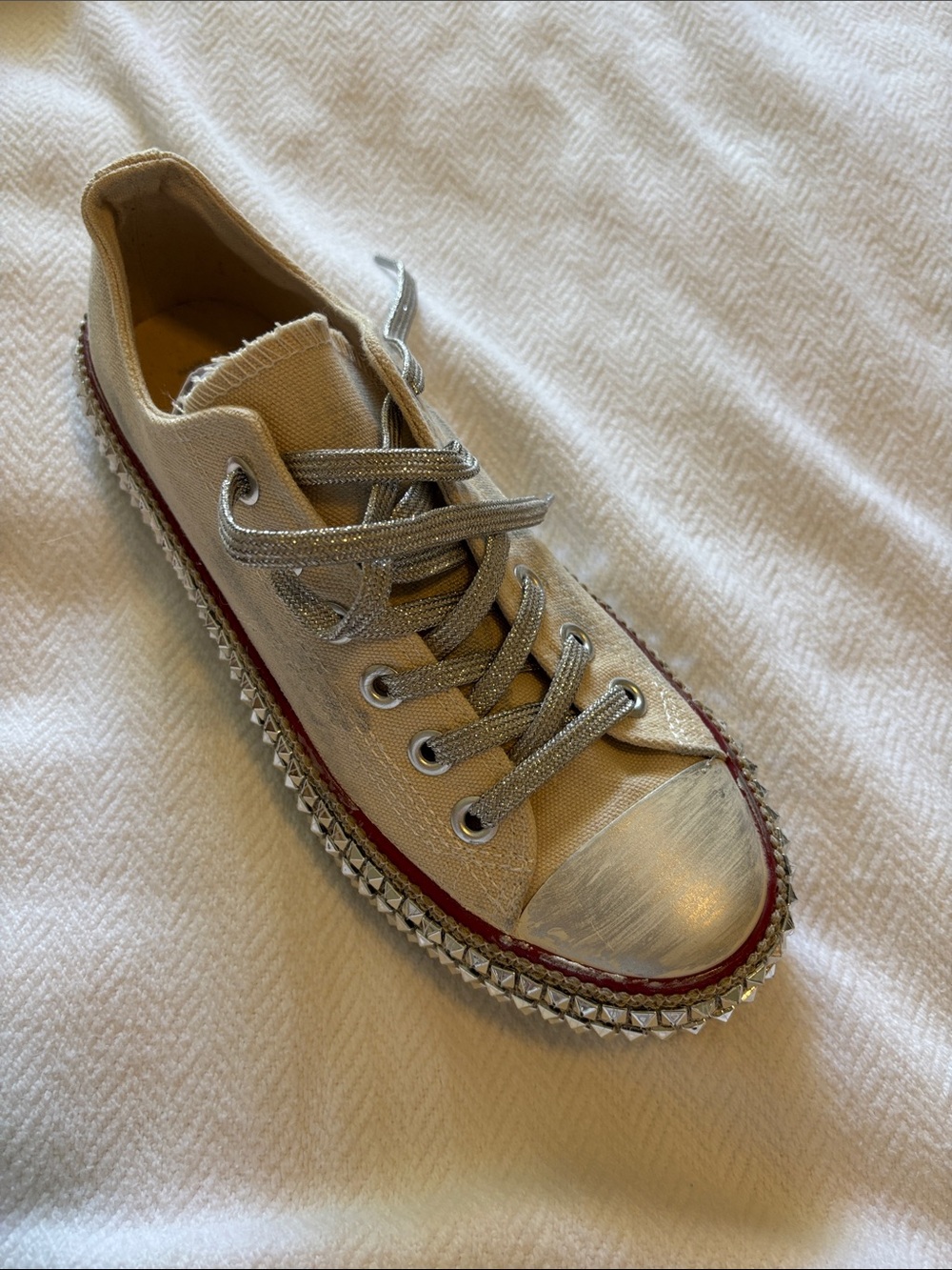 Mi.iM Beige Canvas Sneaker with Silver Accents and Studded Trim